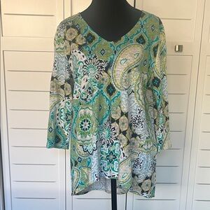 Chico's Petite Multicolor Ikat Paisley Tunic Top 3/4 Sleeve Sz P1